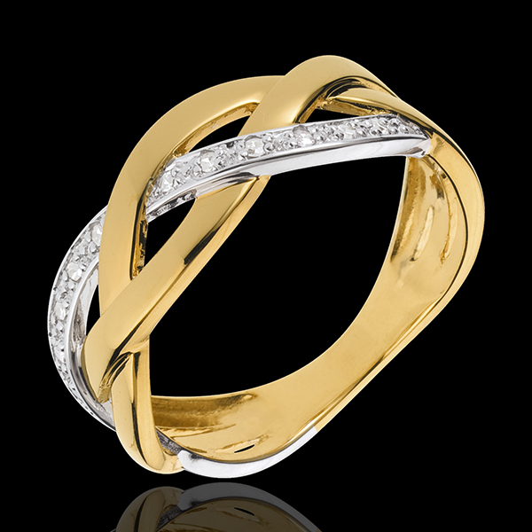 Anello Treccia preziosa - Oro bianco e Oro giallo - 18 carati - 12 Diamanti