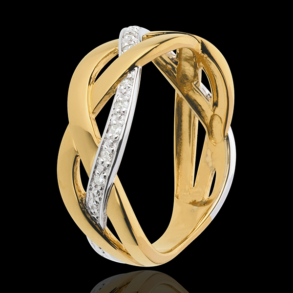 Anello Treccia preziosa - Oro bianco e Oro giallo - 18 carati - 12 Diamanti