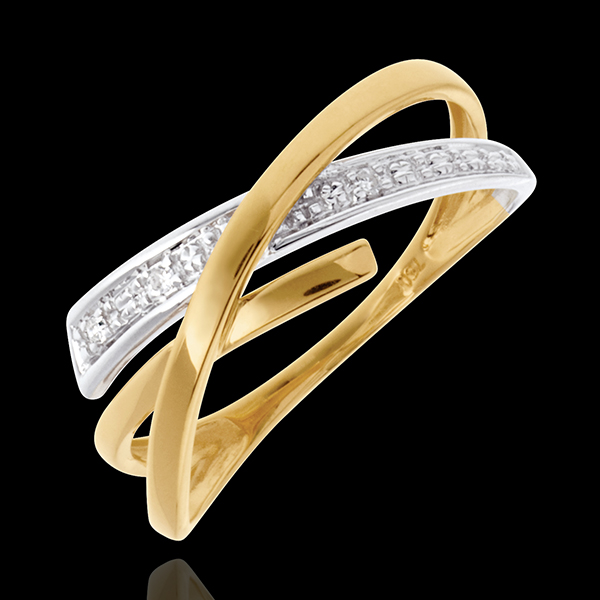 Anneau Voltige pavé - 3 diamants - or blanc et or jaune 18 carats