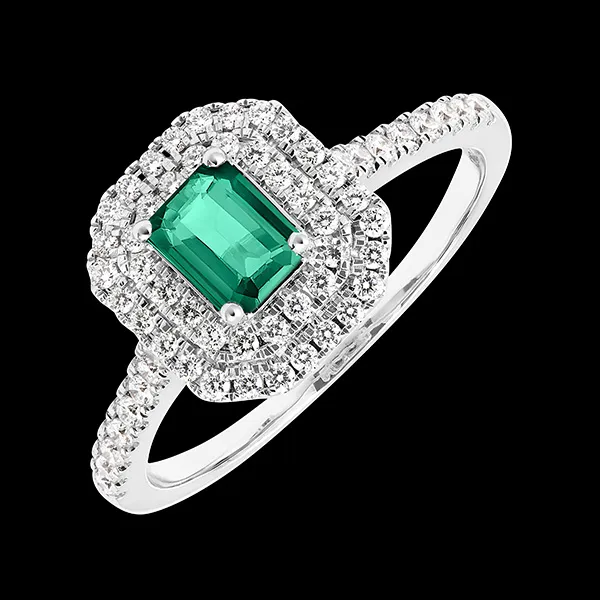 « L'Atelier » n. 1064268 - Anello Oro bianco 9 carati (375) - Smeraldo sintetico Rettangolo 0.5 Carati - Halo Diamante di laboratorio - Incastonatura Diamante di laboratorio