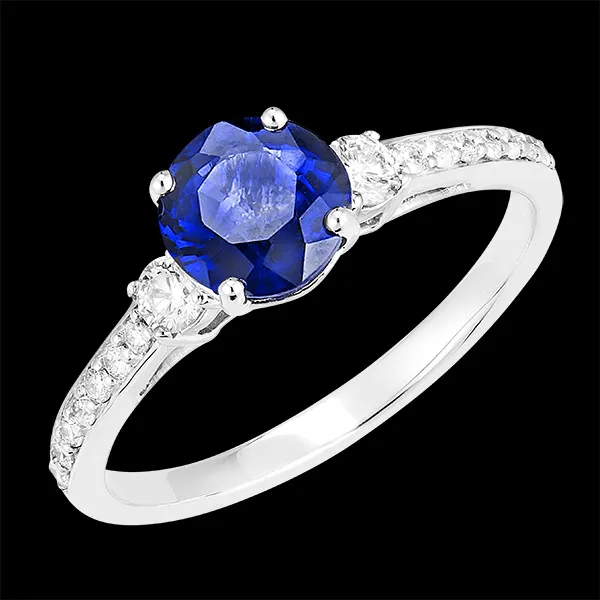 « L'Atelier » n. 168427 - Anello Oro bianco 18 carati (750) - Zaffiro blu Rotonda 1 Carati - Pietre laterali Diamante - Incastonatura Diamante
