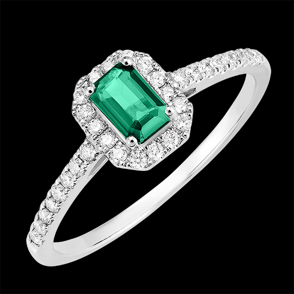 « L'Atelier » n. 170968 - Anello Oro bianco 9 carati (375) - Smeraldo Rettangolo 0.5 Carati - Halo Diamante - Incastonatura Diamante