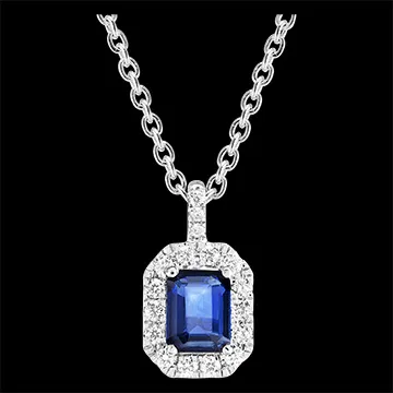 « L'Atelier » n. 206312 - Ciondolo Oro bianco 9 carati (375) - Zaffiro blu Rettangolo 0.3 Carati - Halo Diamante - Incastonatura Diamante - Catena Rolò