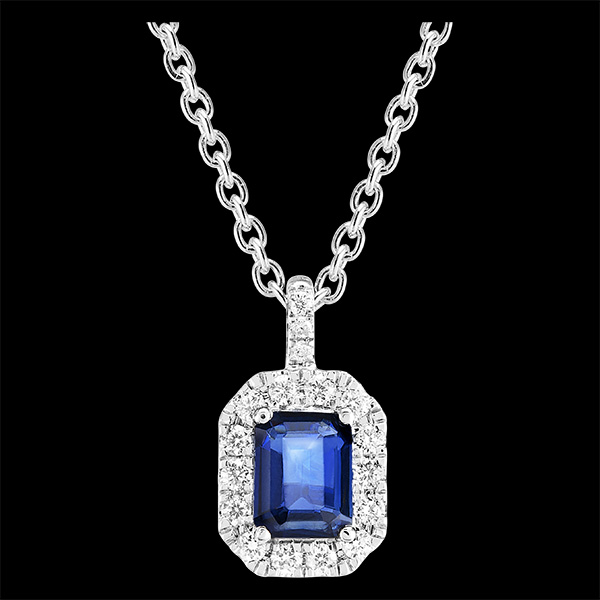 « L'Atelier » nº 206312 - Pendentif Or blanc 375 ‰ (9 carats) - Saphir bleu Rectangle 0.3 carat - Halo Diamant - Sertissage Diamant - Chaîne Forçat