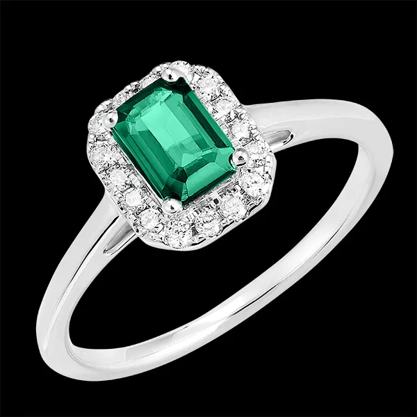 « L'Atelier » Nº170963 - Ring Witgoud 18 karaat - Smaragd Rechthoekig 0.5 Karaat - Halo Diamant