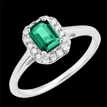 « L'Atelier » Nº170963 - Ring Witgoud 18 karaat - Smaragd Rechthoekig 0.5 Karaat - Halo Diamant