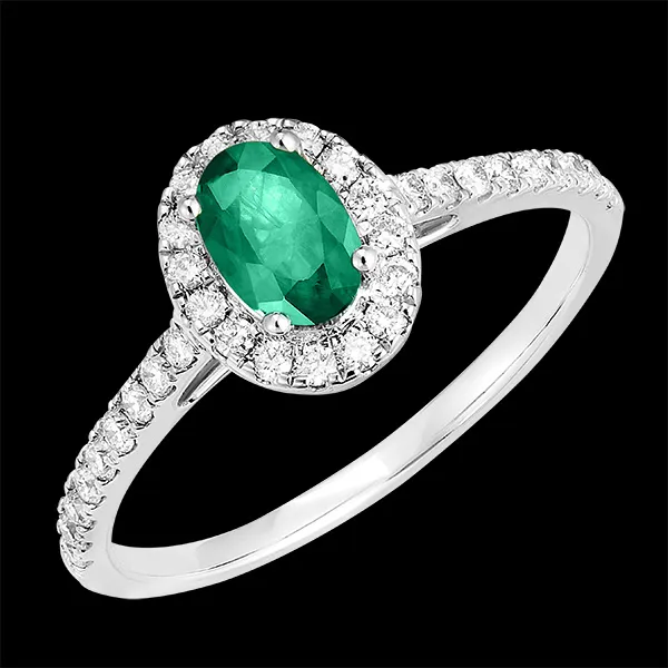 « L'Atelier » Nº171016 - Bague Or blanc 9 carats - Émeraude Ovale 0.5 carat - Halo Diamant - Sertissage Diamant