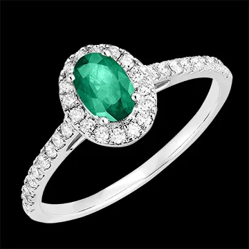 « L'Atelier » Nº171016 - Ring Witgoud 9 karaat - Smaragd Ovaal 0.5 Karaat - Halo Diamant - Setting Diamant