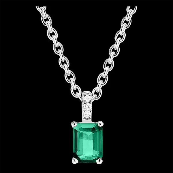 « L'Atelier » Nº207416 - Pendentif Or blanc 9 carats - Émeraude Rectangle 0.3 carat - Sertissage Diamant - Chaîne Forçat