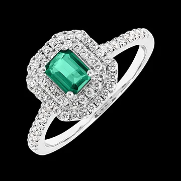 « L'Atelier » Nº405959 - Ring Witgoud 18 karaat - Smaragd Rechthoekig 0.5 Karaat - Halo Diamant - Setting Diamant