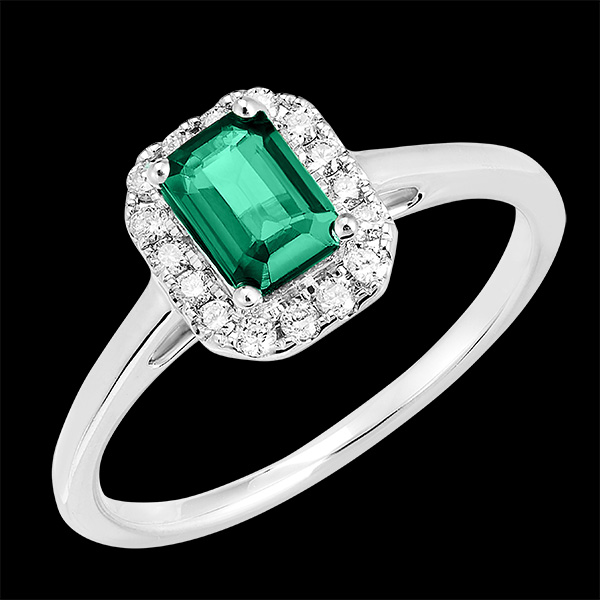 « L'Atelier » No. 170964 - Ring White gold 9ct (375) - Emerald Baguette 0.5 Carats - Halo Diamond white