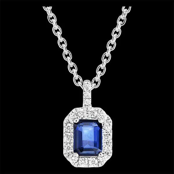 « L'Atelier » No. 206312 - Pendant White gold 9 carats - Blue Sapphire Baguette 0.3 Carats - Halo Diamond white - Setting Diamond white - Chain Rolo