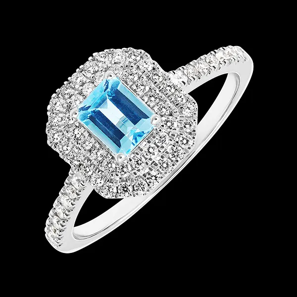 « L'Atelier » No. 418806 - Ring White gold 9 carats - Blue Topaze Baguette 0.5 Carats - Halo Diamond white - Setting Diamond white