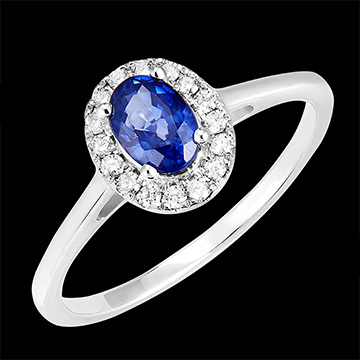 « L'Atelier » Nr. 1006787 - Ring Weißgold 375 (9K) - Synthetischer Saphir Oval 0.5 Karat - Halo Labordiamant