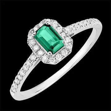 « L'Atelier » nr. 1007031 - Ring Witgoud 9 karaat (375) - Synthetische smaragd Rechthoekig 0.5 Karaat - Halo Laboratorium diamant - Setting Laboratorium diamant
