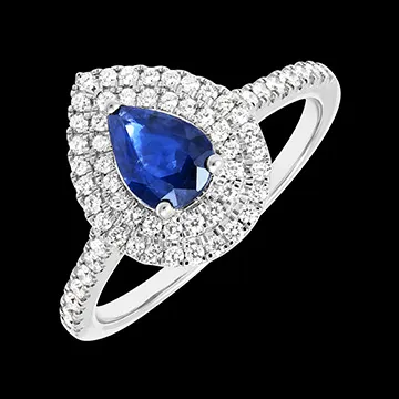 « L'Atelier » nr. 1064056 - Ring Witgoud 9 karaat - Synthetische saffier Peer 0.5 Karaat - Halo Laboratorium diamant - Setting Laboratorium diamant