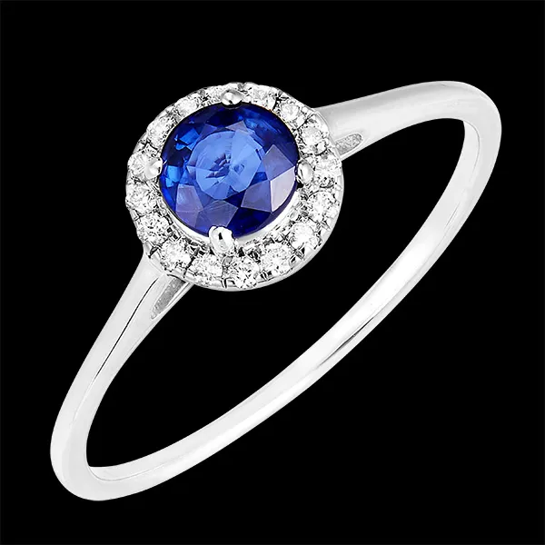 « L'Atelier » nr. 170579 - Ring Witgoud 18 karaat - Blauwe saffier rond 0.5 Karaat - Halo Diamant