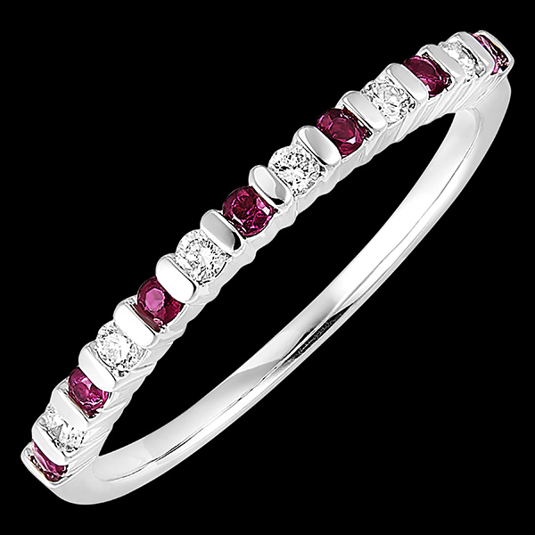 Anillo de bodas Ave del Paraíso - rubíes y diamantes - oro blanco 18 quilates