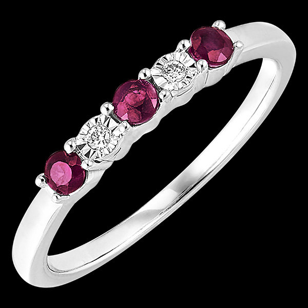Anillo de bodas Ave del Paraíso - rubíes y diamantes - oro blanco 9 quilates