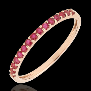 Anillo Aves del Paraíso - una fila - oro rosa 9 quilates y rubís