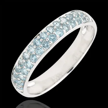 Anillo Aves del Paraíso - dos filas - oro blanco 9 quilates y topacio azul