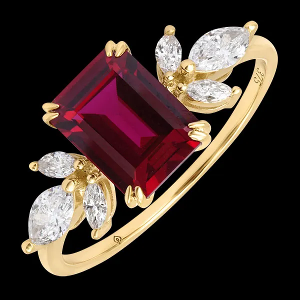 Anillo Ismée – Oro amarillo de 9 quilates, rubí y diamantes sintéticos