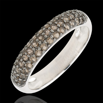Anillo Aves del Paraíso - tres filas - oro blanco 9 quilates y cuarzo fumé