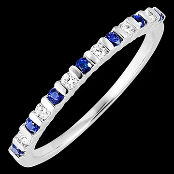 Anillo de bodas Ave del Paraíso - zafiros y diamantes - oro blanco 18 quilates