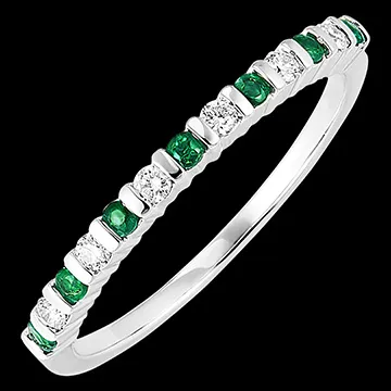 Anillo de bodas Ave del Paraíso - esmeraldas y diamantes - oro blanco 9 quilates