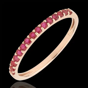 Anillo Aves del Paraíso - una fila - oro rosa 9 quilates y rubís