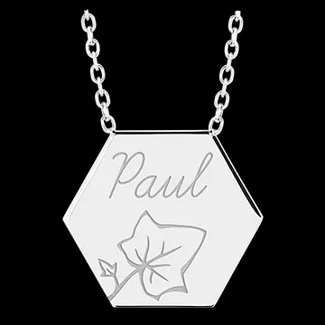Collar con medalla grabada hexagonal - Oro blanco de 9 quilates - Colección Lovely Yours - Edenly Yours