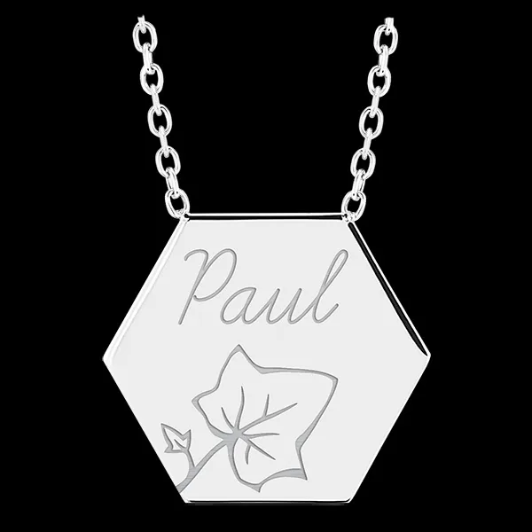 Colier medalion hexagonal gravat - aur alb de 9 carate - Colecția Lovely Yours - Edenly Yours