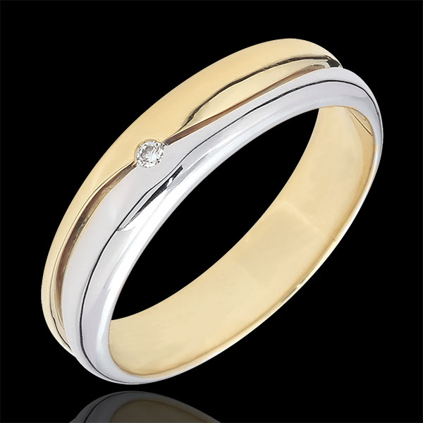 Bague Amour - Alliance homme or blanc et or jaune 9 carats - diamant 0.022 carat