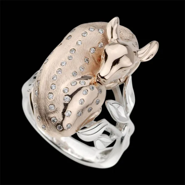 Bague Balade Imaginaire - Faon rêveur - diamants - or blanc et or rose 18 carats