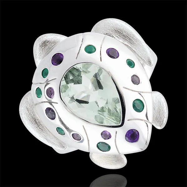 Ring Imaginary Walk - Oceanic Turtle - Silver and fine stones