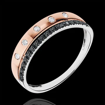 Ring Betovering - Sterrenkroon - klein model - 18 karaat witgoug en roségoud - zwarte en witte Diamanten