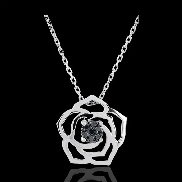 Collier Frische - Wahrhaftige Rose - Weißgold und schwarze Diamanten - 9 Karat