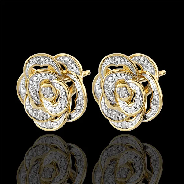 Ohrringe Blüte - Bestickte Rose - Weißgold, Gelbgold und Diamanten