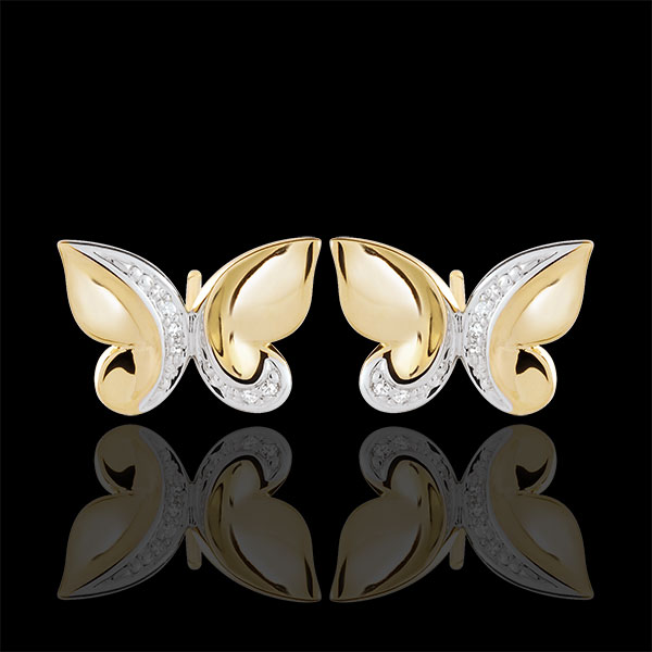 Boucles d'oreilles Balade Imaginaire - Papillon Cascade - or blanc et or jaune 9 carats et diamants