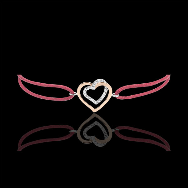 Bracelet Coeurs Enlacés diamants - cordon rouge - or blanc et or rose 9 carats