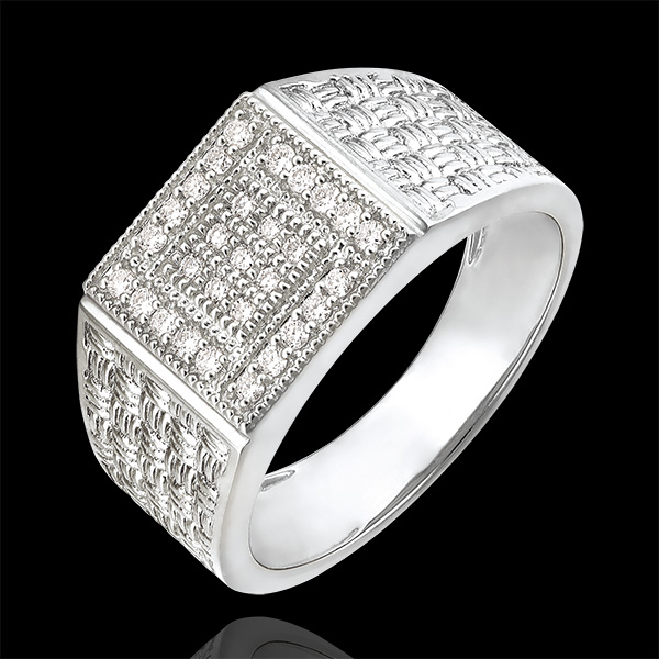 Anello Chiaroscuro - Chevalière Intrecciata - oro bianco 9 carati e diamanti