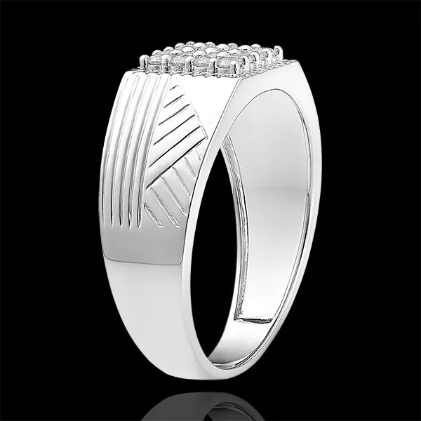 Anello Chiaroscuro - Chevalière Incisioni - oro bianco 9 carati e diamanti