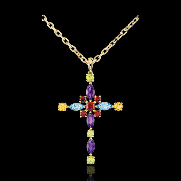 Ciondolo croce bizantina multicolore - Oro giallo - 9 carati - Granato - Quarzo citrino - Olivina - Topazio - Ametista - 2.34 ca