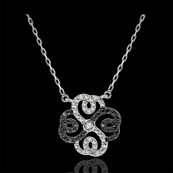 Collana Freschezza - Quadrifoglio Arabesco - Oro bianco - 9 carati - Diamanti bianchi e diamanti neri 