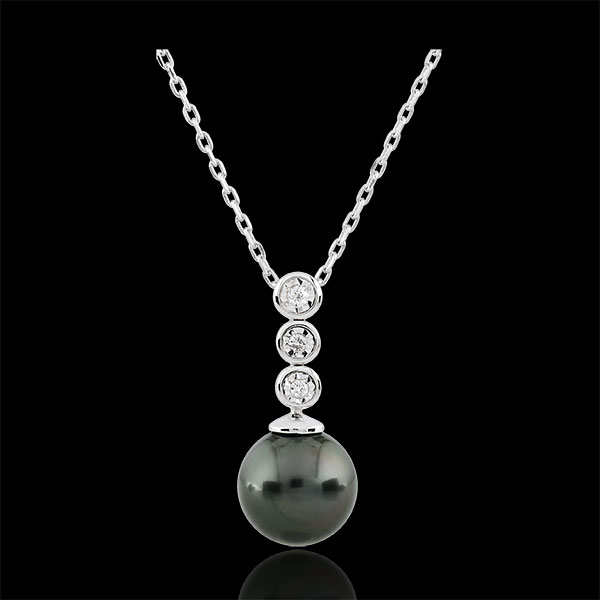 Collier Trilogie sur Perle - 3 diamants - or blanc 9 carats