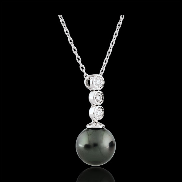 Collier Trilogie sur Perle - 3 diamants - or blanc 9 carats