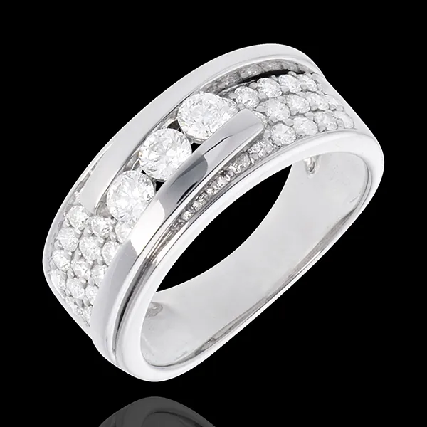 Anillo Constelación - Trilogía con pavimento desplazado - oro blanco 18 quilates - 35 diamantes 0. 86 quilates