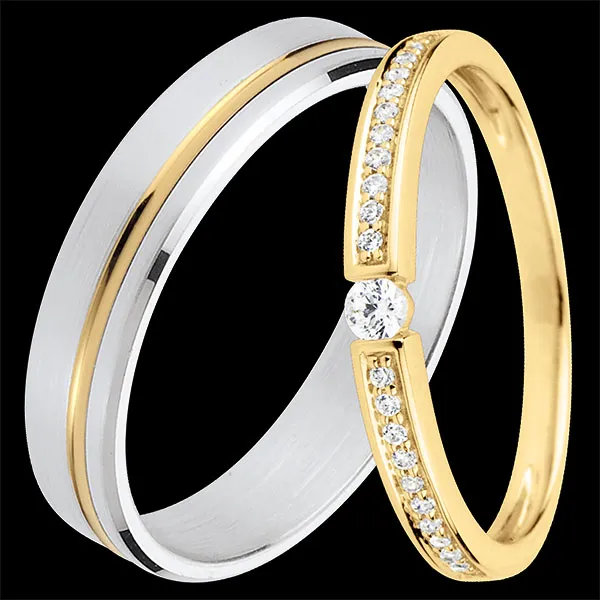 Coppia di fedi Emmanuel & Ultima – Oro bianco e giallo & oro giallo e diamanti – 18 carati