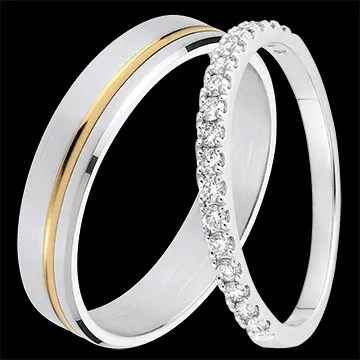 Coppia di fedi Pure & Bettina – Oro bianco e giallo & oro bianco e diamanti – 18 carati