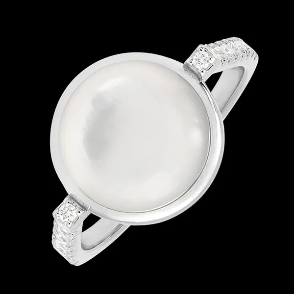 Bague Cabochon Aura Nacrée - or blanc 9 carats et diamants